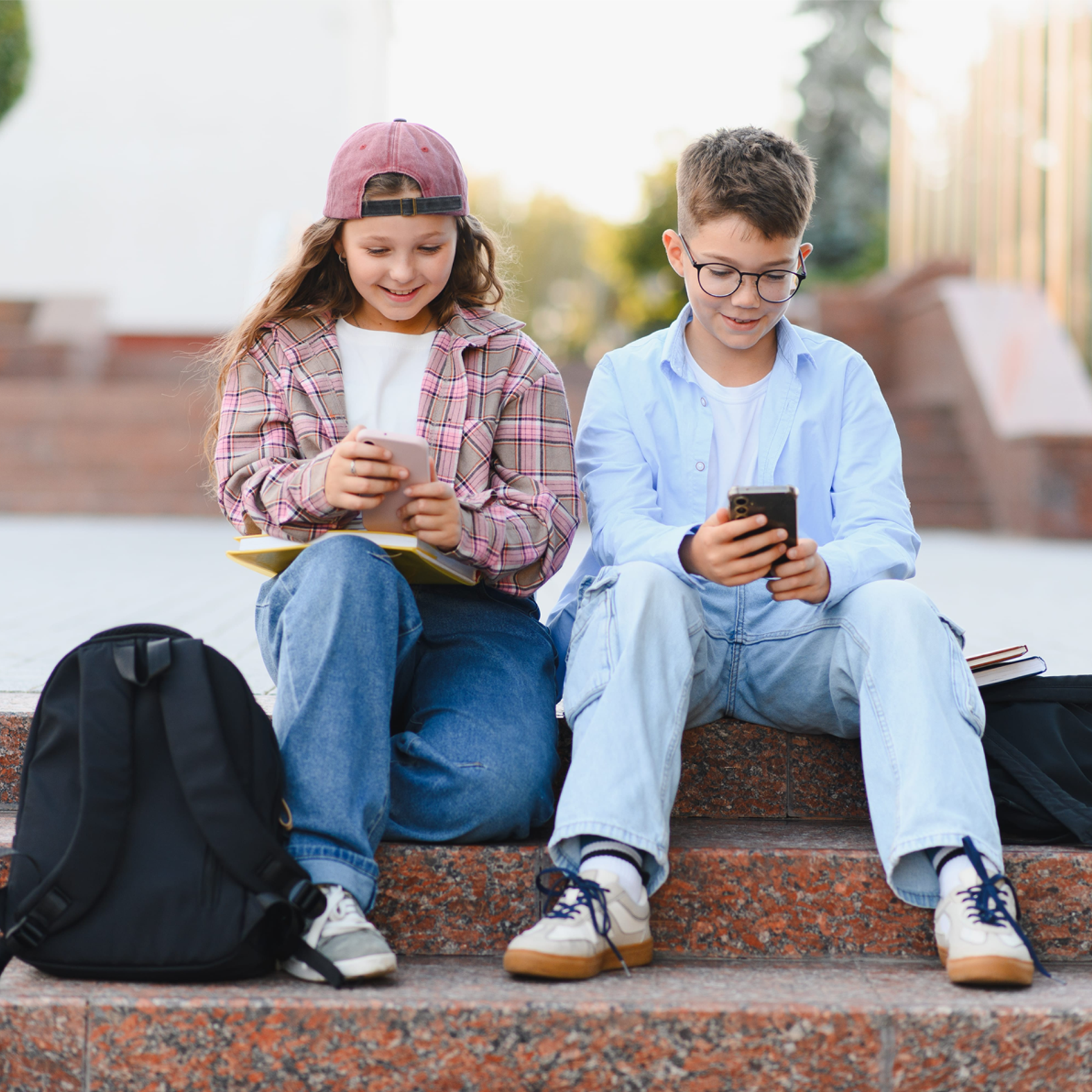 Young boy and girl looking at their phones as they sit outside their school